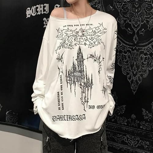Women's Y2K Retro Printed Slanted Shoulder top, Loose and Slimming, Casual and Versatile Long Sleeved T-Shirt thumbnail 2