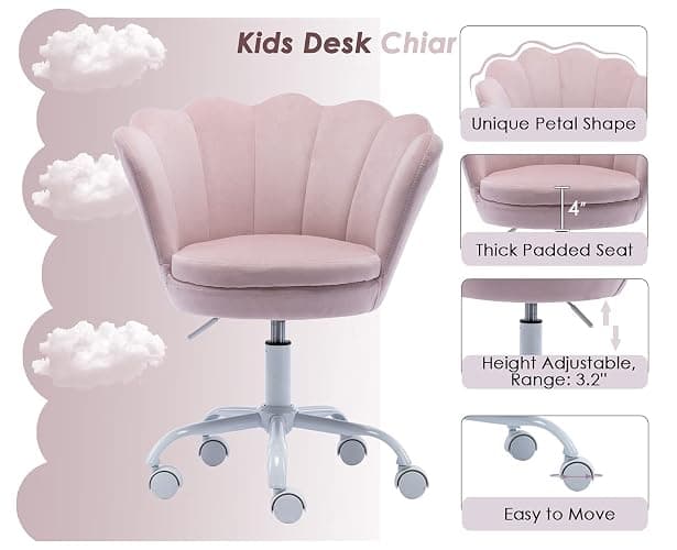 CIMOTA Cute Kids Desk Chair,Velvet Bedroom Chair Adjustable Child Computer Chair Swivel Shell Vanity Chairs for Girls Bedroom/Study Room, Light Pink thumbnail 3