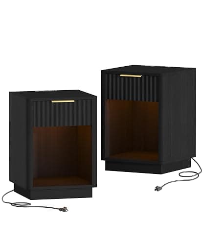 Akxomel Fluted Nightstands Set of 2, Wooden Night Stand with Charging Station and LED Light, Modern Mid Century End Table with Drawer, 15" D x 15.7" W x 22.6" H, for Bedroom, Black thumbnail 7