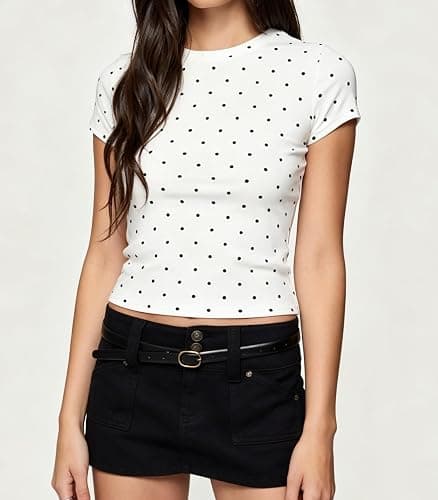 Women Cute Polka Dot Top Y2K Short Sleeve Crew Neck Fitted Baby Tees Shirts | Polka Dot T Shirts Going Out Blouse Top Layered Underscrubs Undershirt Teen Girls Vintage Aesthetic Whimsy Clothes Streetwear thumbnail 3