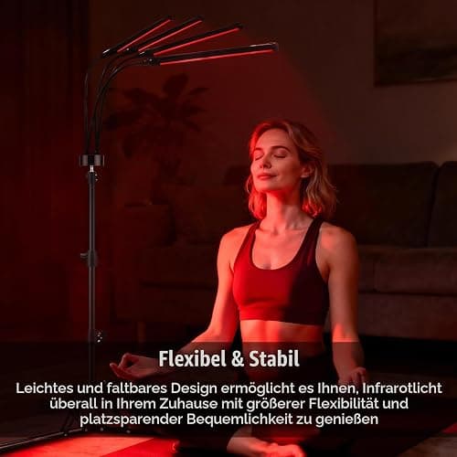 Rotlichtlampe Stehlampe mit 4 Flexiblen Köpfen, Trayvespace Infrarotlampe mit 660/850/940nm, Verstellbare Rotlichtlampe mit Timer & 5 Helligkeiten, Große Rotlicht Standlampe für Zuhause, Büro, Yoga thumbnail 5