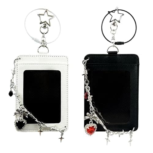 kavuipop K-pop Photocard Holder Keychain with Punk Style Charms, Hard Protective Card Case,Chain Decoration, Black and White, 2 pcs thumbnail 2
