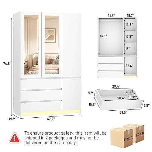 75"H Tall Modern 3 Doors Wooden Armoire Wardrobe Closet with 3 Drawers & 2 Mirror,Clothing Storage Cabinet with Hanging Rod,Bedroom Large Freestanding Armoires with Led Lights for Bedroom,White thumbnail 2