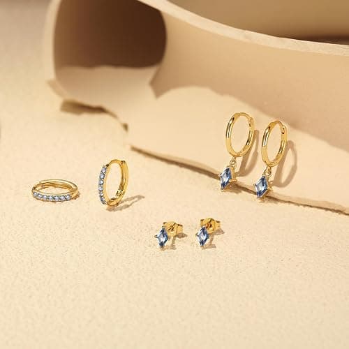Angelady Gold Hoop Earrings Set for Women, Dainty 14K Gold Plated Huggies Earring, Sterling Silver Hypoallergenic Cartilage Earrings, Trendy Earring Stacks for Multiple Piercing Jewelry Gift(3 Pairs) - Gold,Blue CZ thumbnail 4