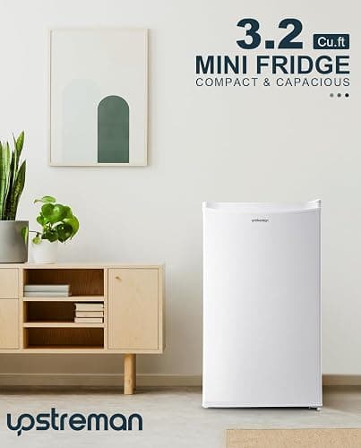 Upstreman 3.2 Cu.Ft Mini Fridge with Freezer, Single Door Mini Fridge, Dorm Fridge, Adjustable Thermostat, Mini Refrigerator for Dorm, Office, Bedroom, White-BR321 thumbnail 7