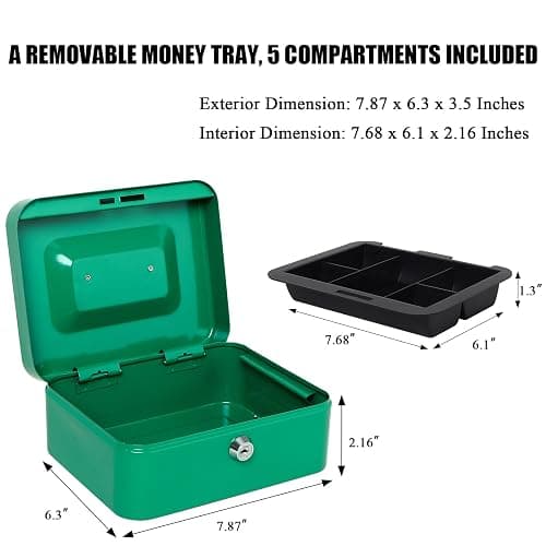 Jssmst Medium Cash Box with Key Lock - Durable Metal Cash Box with Money Tray, Green, Medium thumbnail 3