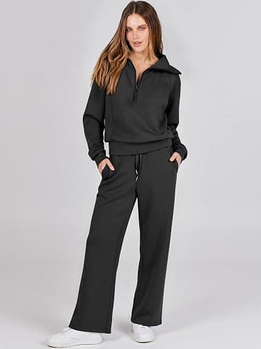 ANRABESS Women 2 Piece Outfits 2025 Fall Fashion Airport Wide Leg Pants Lounge Set Leisure Travel Vacation Clothes Sweatsuits thumbnail 2