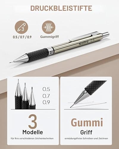 Nicpro 30 Stück Kunst Druckbleistifte Set mit Ledertasche, Metall Bleistifte 0,5, 0,7, 0,9, 2 mm mit 16 Tuben (6B 4B 2B HB 2H 4H CR) Minen (Schwarz und Farben), Zeichenstifte für Skizzieren, Zeichnen thumbnail 3