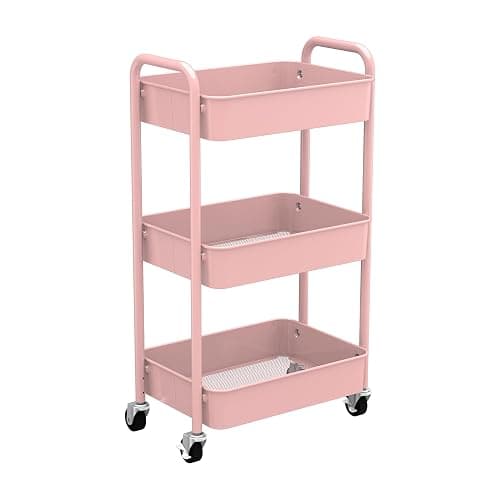 CAXXA 3-Tier Rolling Metal Storage Organizer - Mobile Utility Cart with Caster Wheels, Pink - Image 1