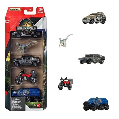 Jurassic World Matchbox Dinosaur Vehicle Collection, Die-Cast Cars and Figures 5 Packs, Bundle of 4, 20 Vehicles, JGL60-956B thumbnail 7