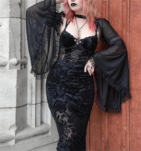 Women Goth Tops Punk Cover Ups Mesh Crop Top See Through Sexy Long Sleeve Blouse Y2k Black Rave Outfit Festival thumbnail 2