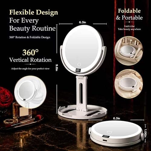 Travel Makeup Mirror with Lights, 1X/30X Double-Sided Magnifying Mirror | Velmelle Foldable Lighted Makeup Mirror with 2000mAh Battery, 3 Lighting Modes, Dimmable Touch Screen & Smart Display thumbnail 2