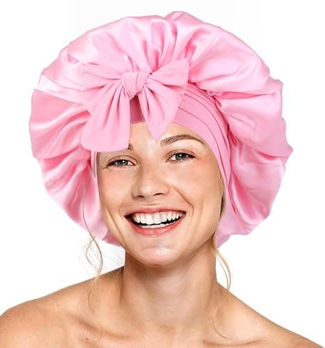 Silk Double Layer Satin Hair Bonnet with Elastic Tie Band for Curly Hair - Adjustable, Pink - Image 1