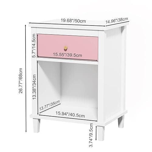 Nightstand with Drawer for Kids, Adults, Wood Bed Side Table with Storage Shelf, Night Stand for Bedroom, 2-Tier Storage End Table for Living Room, White + Pink thumbnail 3