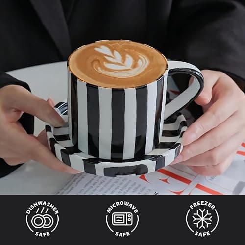 Mualuwi Tea Cup and Saucer, Ceramic 8 oz coffee mug, Dishwasher Safe and Microwave Safe, Black and White thumbnail 4