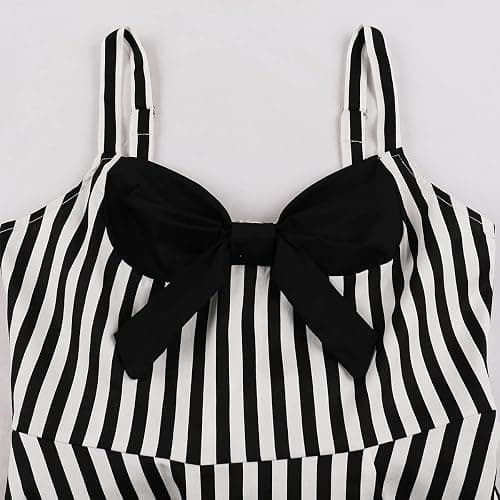 Women Spaghetti Straps 50s Vintage Stripes Cocktail Party Swing Dress Sleeveless Color Block Retro 1950s Audrey Hepburn Rockabilly Prom Tea Dress Wedding Fit Flare A Line Midi Dress Black-Stripes L thumbnail 3