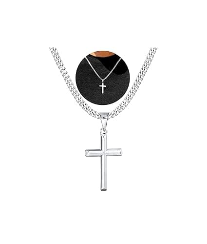 Avotto 316L Stainless Steel Cross Chain Necklace for Men Boys, Silver Gold Black Mens Boys Chain Necklaces 5mm Non-Fading Sturdy Cuban Chain with Cross Pendant Jewelry Gifts for Him 14-24inch - 16 inch(41cm)-Short Fit - Silver