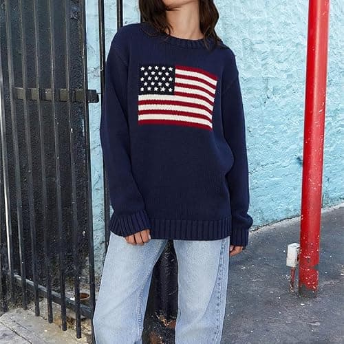 Women American Flag Sweater Long Sleeve Crew Neck Loose Fit Knit Pullover Tops USA Casual Loose Pullover Sweater thumbnail 5