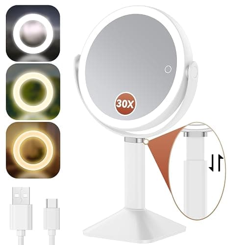 Glowtop Lighted Makeup Mirror with Lights and Magnification 30X/1X, Height Adjustable 30X Magnifying Vanity Mirror with 4000mAh Battery & 3 Colors Dimming Light for Desktop Bathroom Bedroom (White) thumbnail 8