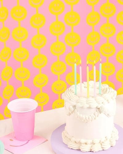 xo, Fetti Happy Face Foil Curtain- Set of 2 | Smiley Decorations, Fun Birthday Photo Booth Props, 90s Party, Pastel Yellow Party Favors, Groovy Backdrop, Y2K thumbnail 2