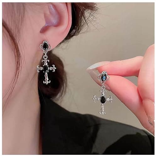 Andelaisi Boho Black Cross Drop Stud Earrings - Vintage Onyx Dangle Silver Star Gothic Gemstone Religious Christian Jewelry for Women thumbnail 2