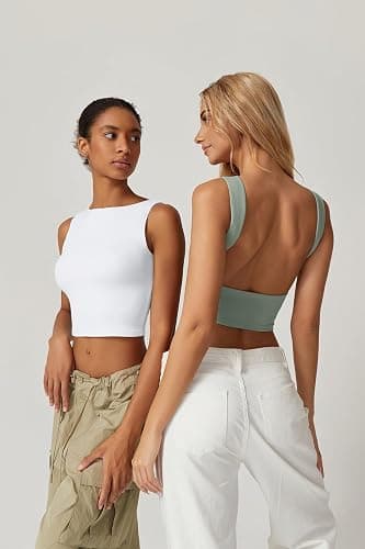 QINSEN Women's Sexy Open Back Sleeveless Crop Tank High Neck Slim Fit Cropped Tee Shirt Y2k Tops thumbnail 6