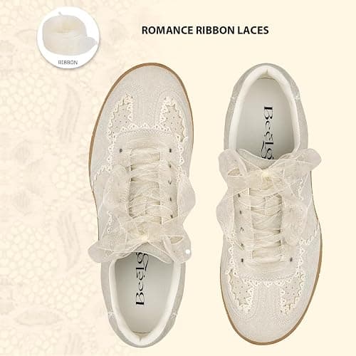 BeeLg Casual Sneakers for Women Lace Detail – Elegant Ribbon Lace-Up Fashion Sneakers with Leather Upper Memory Foam Insole and Slip On Trendy Casual Shoes for Women thumbnail 4