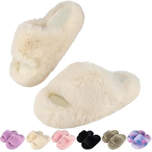 LUYOO Girls Fuzzy Memory Foam Slippers Comfy丨Kids Fluffy Plush Open Toe House Slippers丨Slip On Furry Home Slides丨Indoor Outdoor Fur Flip Flop - Image 1