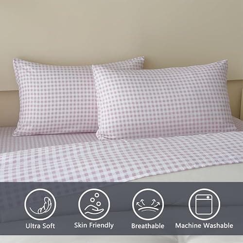 NSNLGSGC Pink Gingham Queen Sheet Set, Soft Brushed Microfiber Plaid Queen Bed Sheets, 4-Pieces Grid Sheet Set with Deep Pocket thumbnail 2
