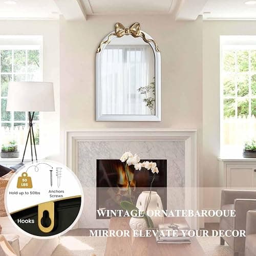 iyabat 36x24 Arched White Bow Wall Mirror with Gold Ribbon, Vintage Vanity Mirror for Bedroom & Nursery Decor, Cute Coquette Aesthetic Engineered Wood Frame, Shabby Chic Style thumbnail 6