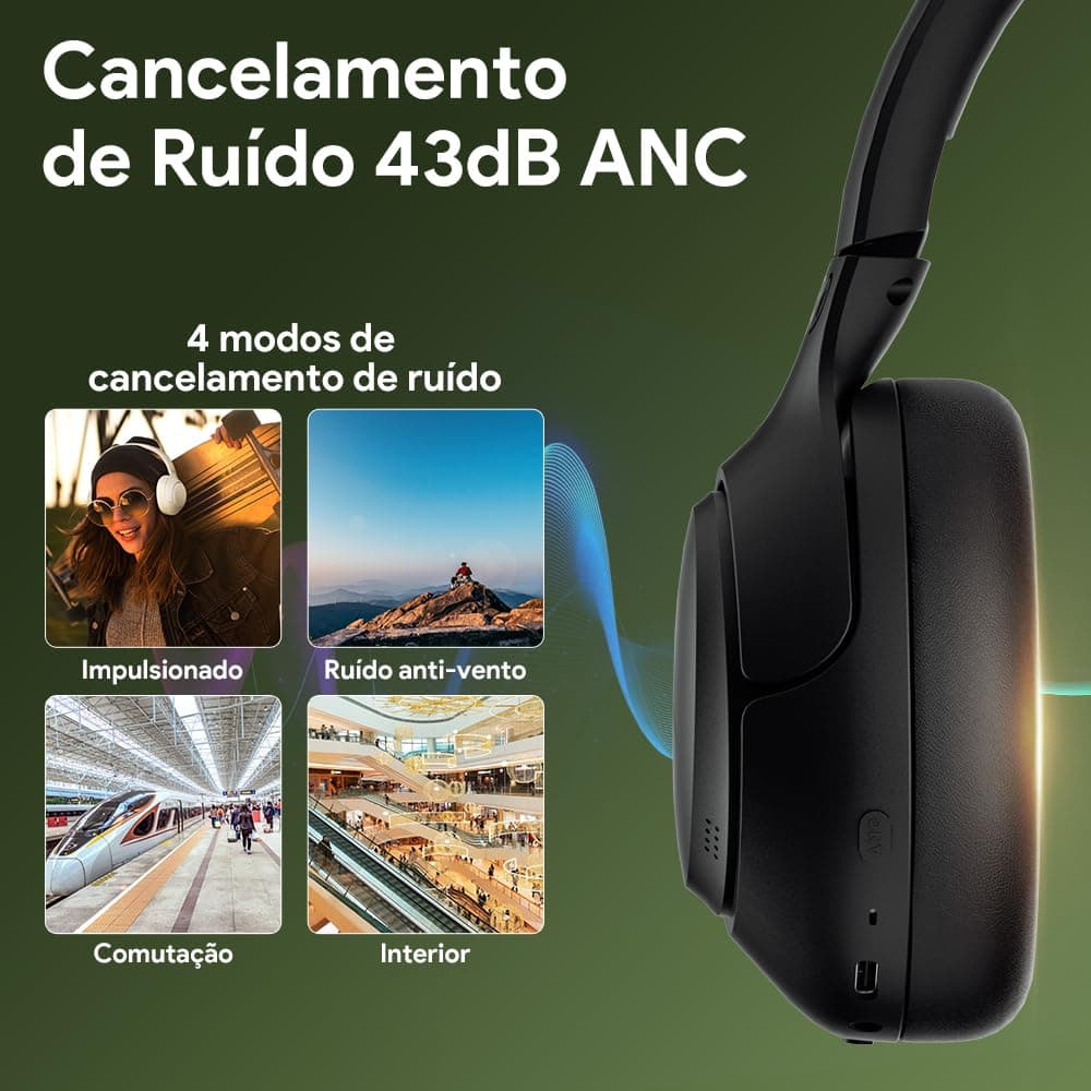 QCY H3 ANC Fone de Ouvido Bluetooth, Cancelamento de Ruído Ativo Headphone Bluetooth 5.4 Headset com Microfone, Certificação Hi-Res Audio, Conexão Multipontos, 60 horas reprodução, Preto - Preto thumbnail 3