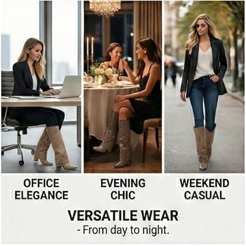 Silanway Women's Knee High Boots Leather Fold Over Pointed Toe Gold Buckle Stacked Heel Dress Casual Slouchy Mid Calf Booties thumbnail 5