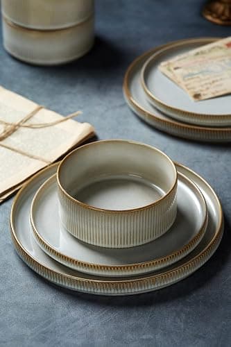 famiware Star Plates and Bowls Sets, Modern Stoneware Dinnerware Sets for 8, 24-Piece Kitchen Dish Set - Microwave and Dishwasher Safe, Chip and Scratch Resistant, Cappuccino White thumbnail 9
