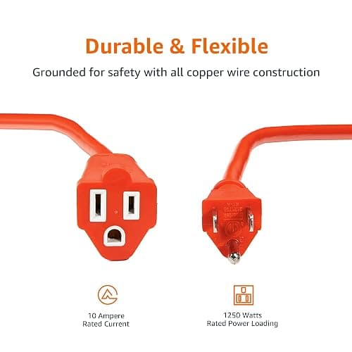 Amazon Basics 100 foot 3-Prong Vinyl Indoor/Outdoor Extension Cord - 10 Amps, 1250 Watts, 125 VAC - Orange thumbnail 3