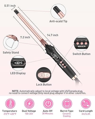 YEEGOR 1/2 inch Thin Curling Iron，Extra Long Barrel Culing Wannd，100-240V Dual Voltage Small Hair Curler for Tight Curls，12 Temps - 1/2 Inch thumbnail 6