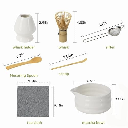 Matcha Whisk Set, 7 Pcs Matcha Kit, Premium Ceramic Matcha Set, Whisk and Bowl, Sifter, Cup Holder, Bamboo Scoop, Tea Plucking, Tea Towel, Matcha Lovers (White) thumbnail 3