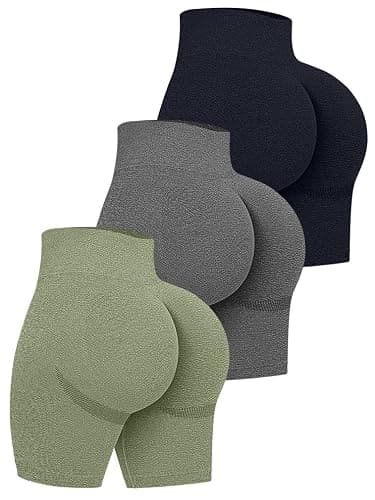 OQQ Women's 3 Piece High Waist Workout Shorts Butt Lifting Tummy Control Ruched Booty Smile Yoga Short Pants - Medium - Black Grey Avocadogreen - Image 1