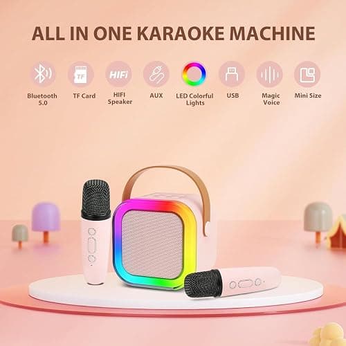 Karaoke Machine for Kids Adults, Mini Karaoke Machine with 2 Wireless Microphone, Portable Bluetooth Speaker with Voice Changing Effects & LED Lights, Best Gifts Toys for Girls and Boys thumbnail 2