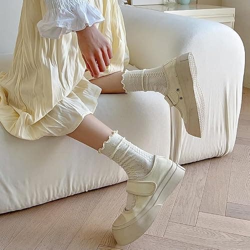 5 Pair Cute Beige Ruffle Frilly Rib Knit Crew Socks - Cottagecore Casual Ankle Coquette Kawaii Floral thumbnail 2