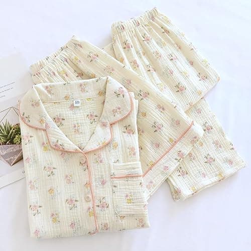 codcm Womens 3pcs Cotton Pajamas Set Short Sleeve Sleepwear Fruit Print Cute Pj Set with Long Pants thumbnail 4