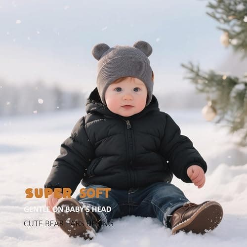 Baby Beanie Warm Winter Hat with Bear Ear for Infant Toddler Boys Girls Kids Soft Knitted Skull Cap thumbnail 2