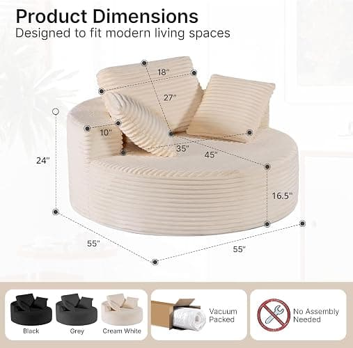 Sonovafurn 55 Inch Oversized Round Chair Lounge Chaise Indoor, Modern Corduroy Upholstered Indoor Sofa,for Living Room, Bedroom Apartment (Beige) thumbnail 2