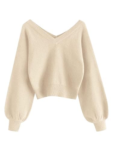 ZAFUL Women's Cropped Sweater V-Neck Long Sleeve Crop Sweater Pullover Jumper Knit Top - Image 1