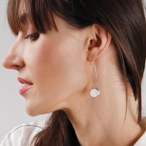 Simulated Druzy Threader Drop Earrings for Women - Gold, Silver, or Rose Gold Tone Trendy Boho Dangles with Sparkly Round Stone thumbnail 2