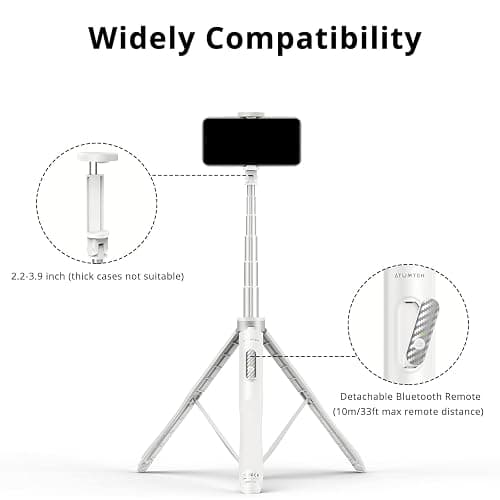 ATUMTEK 51" Selfie Stick Tripod, All in One Extendable Phone Tripod Stand with Bluetooth Remote 360° Rotation for iPhone and Android Phone Selfies, Video Recording, Vlogging, Live Streaming, White thumbnail 6