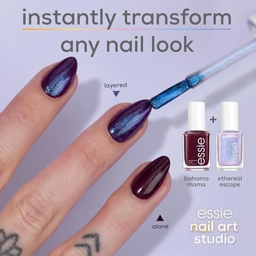 Essie Nail Art Studio, Purple Pearl Chrome Topcoat, Ethereal Escape | Rich Colour & Shine, Salon Quality Formula Nail Varnish, Layer With Other Essie Nail Polishes For A Nail Art Effect thumbnail 4