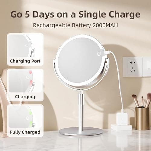 FRANO Vanity Mirror with Lights, 8" Dual-Sided Makeup Mirror with Magnification 1X/10X, 3 Color & Stepless Dimming, Rechargeable, 360° Rotation & Height Adjustable, Gifts for Women thumbnail 5