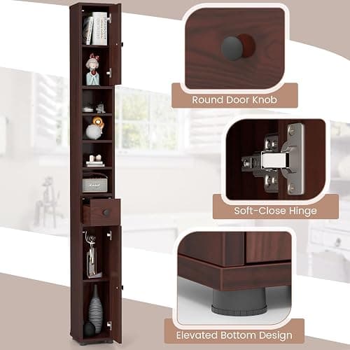 Tangkula Tall Slim Bathroom Storage Cabinet, 71" Freestanding Bathroom Cabinet w/ 2 Doors, 1 Drawer & 5 Adjustable Shelves, Floor Narrow Tower Cabinet for Small Spaces, 8" x 8" x 71" (Brown) thumbnail 8