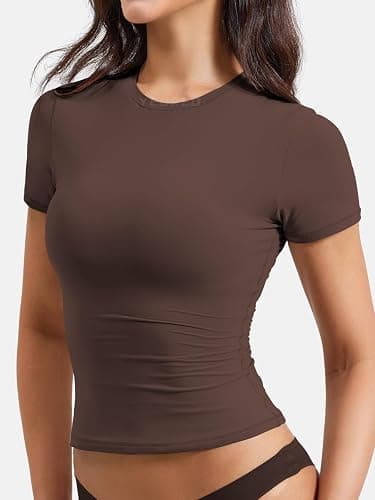 YEOREO Women Fitted Workout Tops Short Sleeve Double Lined Basic Y2K Going Out Crew Neck Compression Crop Top thumbnail 3