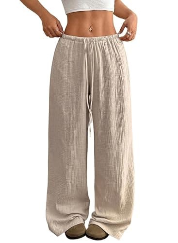 Acelitt Women's Linen Pants Wide Leg Beach Trousers with Pockets | Flowy Palazzo Pants, Elastic Waist Lounge Pants, Casual Spring Summer Outfits for Beach Vacation, Coastal , Teachers - Image 1